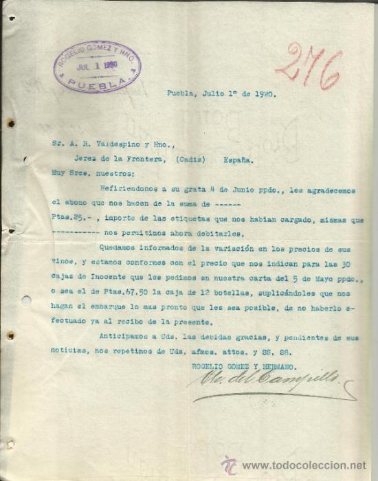 Lettere commerciali: CARTA COMERCIAL DE ROGELIO G&Oacute;MEZ Y HERMANO. PUEBLA. M&Eacute;XICO. 1920