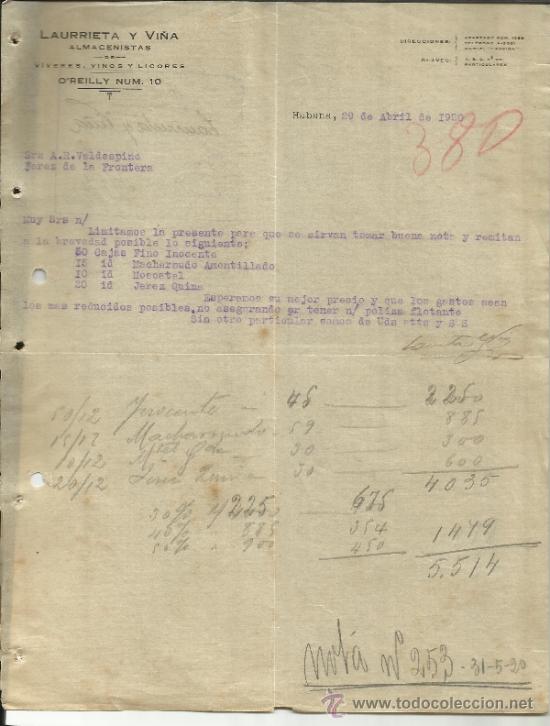 Lettere commerciali: CARTA COMERCIAL DE LAURRIETA Y VI&Ntilde;A. ALMACENISTAS. HABANA. CUBA. 1920