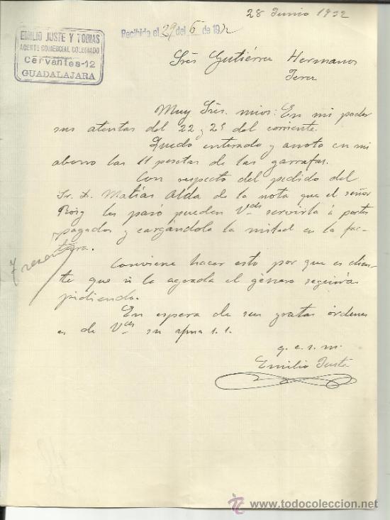 Lettere commerciali: CARTA COMERCIAL DE EMILIO JUSTE Y TOBIAS. AGENTE COMERCIAL. GUADALAJARA. 1932