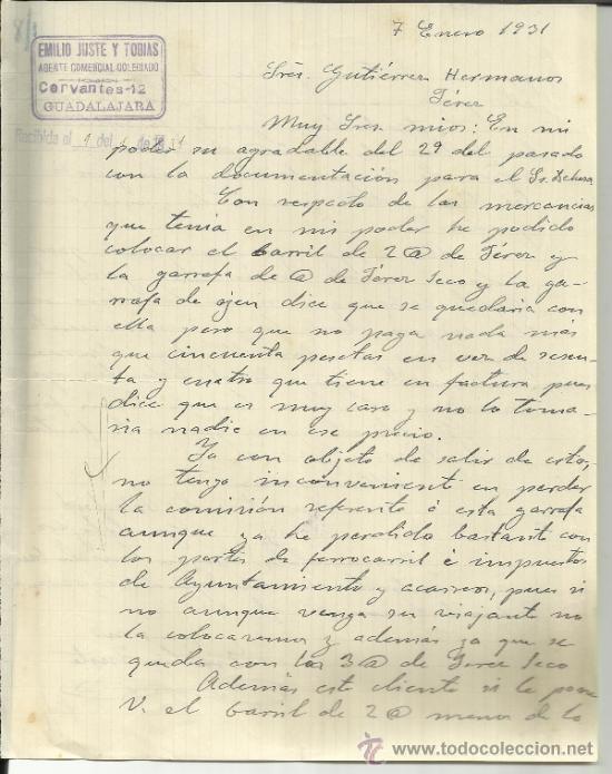 Lettere commerciali: CARTA COMERCIAL DE EMILIO JUSTE Y TOBIAS. AGENTE COMERCIAL. GUADALAJARA. 1931