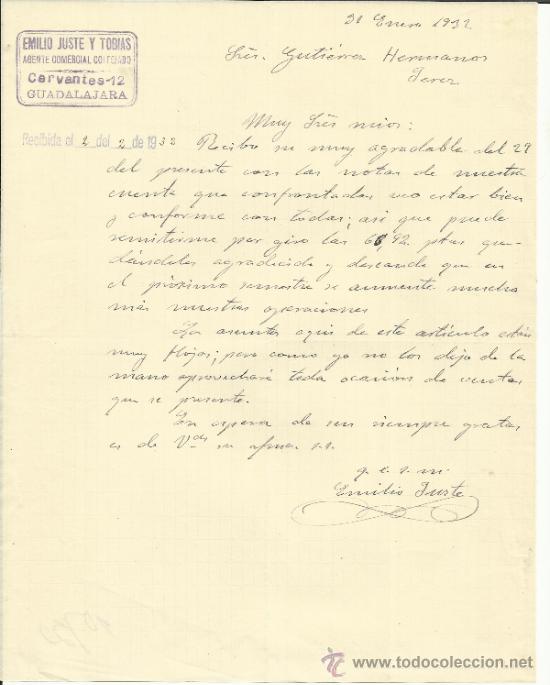 Lettere commerciali: CARTA COMERCIAL DE EMILIO JUSTE Y TOBIAS. AGENTE COMERCIAL. GUADALAJARA. 1932
