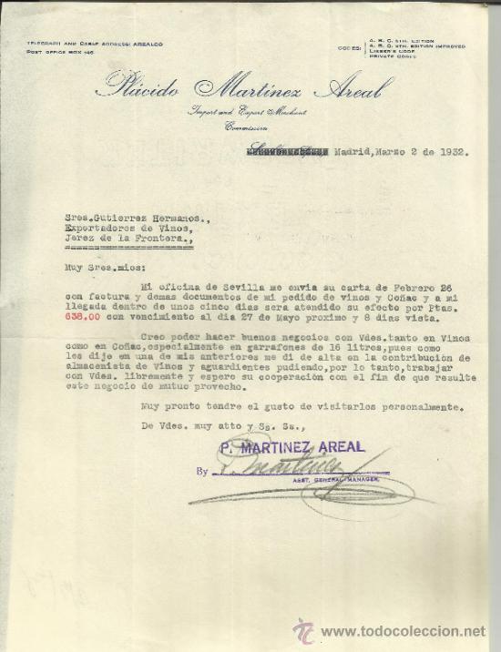 Lettere commerciali: CARTA COMERCIAL DE PL&Aacute;CIDO MART&Iacute;NEZ AREAL. MADRID. 1932