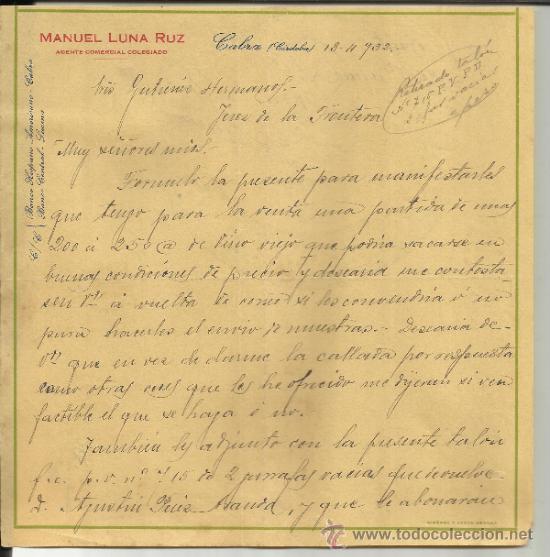 Lettere commerciali: CARTA COMERCIAL DE MANUEL LUNA RUZ. AGENTE COMERCIAL COLEGIADO. CABRA. C&Oacute;RDOBA. 1932