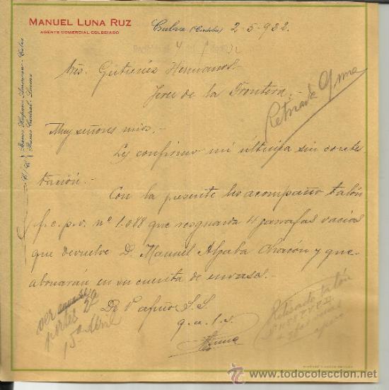 Lettere commerciali: CARTA COMERCIAL DE MANUEL LUNA RUZ. AGENTE COMERCIAL COLEGIADO. CABRA. C&Oacute;RDOBA. 1932