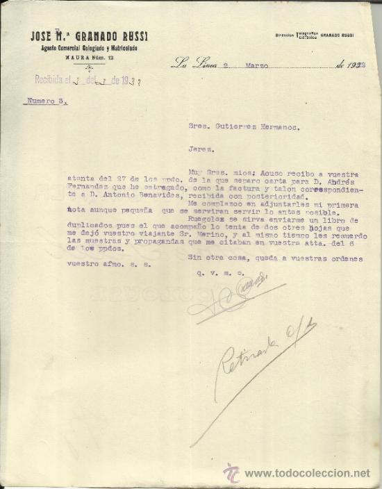Lettere commerciali: CARTA COMERCIAL DE JOSE M&ordf; GRANADO RUSSI. AGENTE COMERCIAL. LA L&Iacute;NEA. C&Aacute;DIZ. 1932