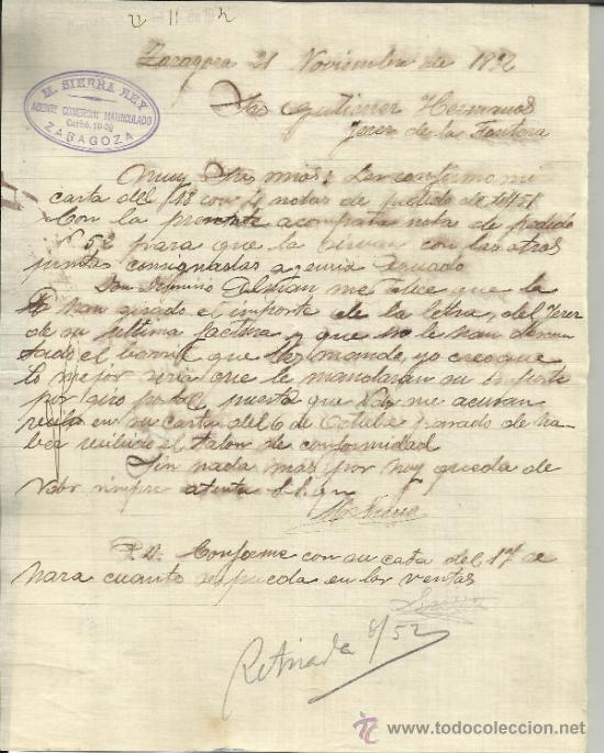 Lettere commerciali: CARTA COMERCIAL DE M. SIERRA REY. AGENTE COMERCIAL. ZARAGOZA. 1932