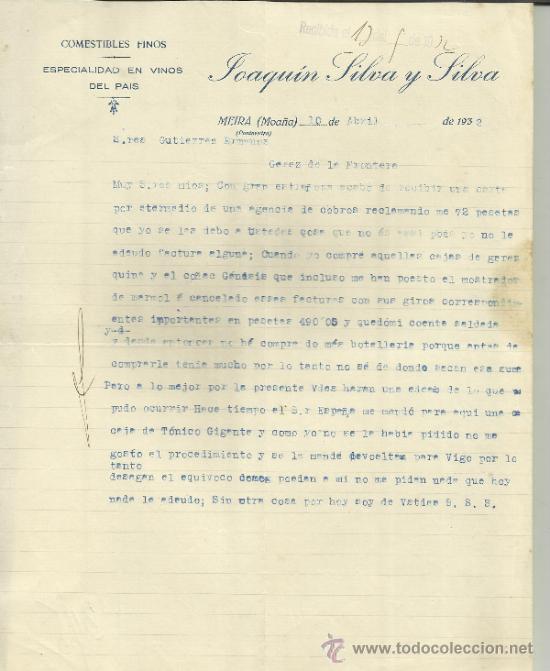 Lettere commerciali: CARTA COMERCIAL DE JOAQU&Iacute;N SILVA Y SILVA. COMESTIBLES FINOS. MEIRA. MOA&Ntilde;A. PONTEVEDRA. 1932