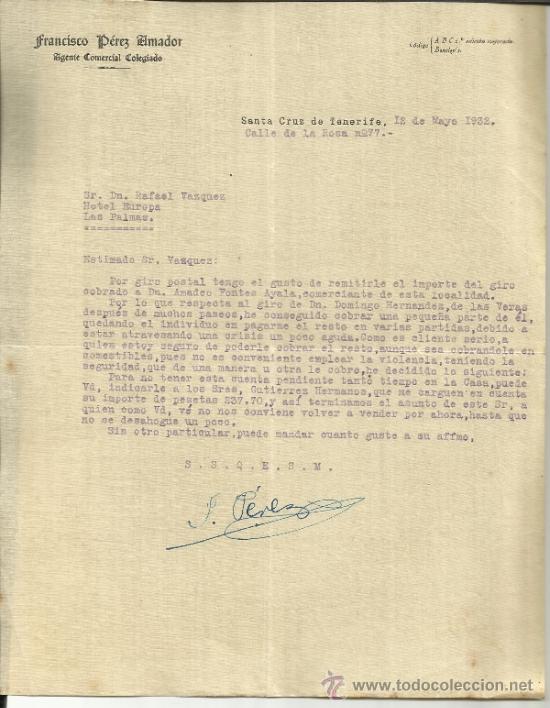 Lettere commerciali: CARTA COMERCIAL DE FRANCISCO P&Eacute;REZ AMADOR. AGENTE COMERCIAL COLEGIADO. SANTA CRUZ DE TENERIFE. 1932