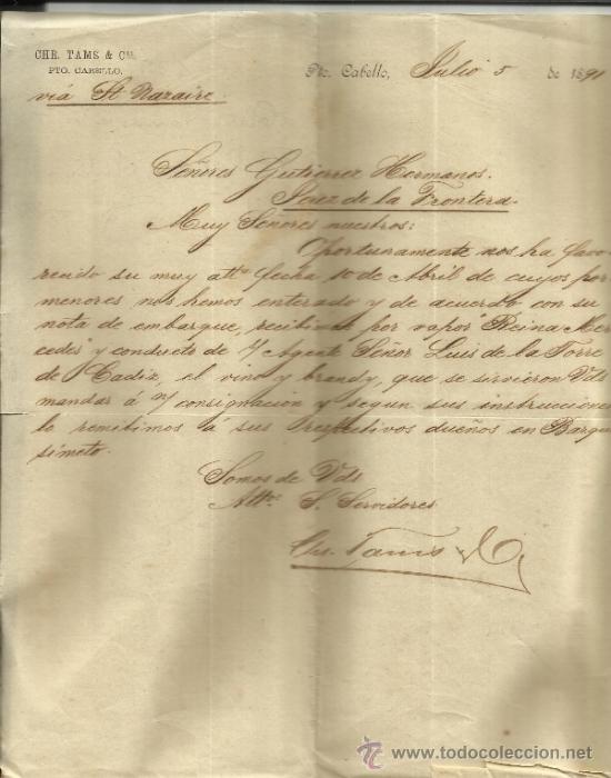 Lettere commerciali: CARTA COMERCIAL DE CHR, TAMS & C&ordf;. PUERTO CABELLO. VENEZUELA. 1891