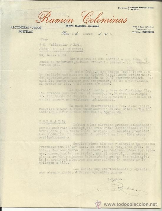 Lettere commerciali: CARTA COMERCIAL DE RAM&Oacute;N COLOMINAS. AGENTE COMERCIAL. REUS. TARRAGONA. 1944