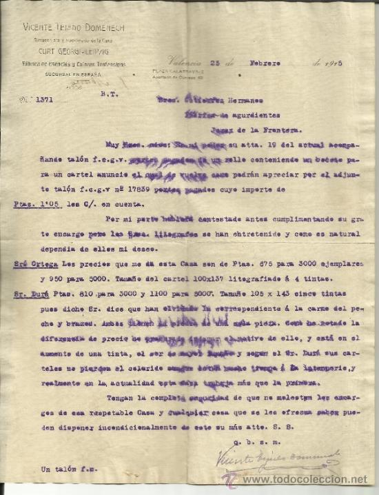 Lettere commerciali: CARTA COMERCIAL DE VICENTE TEJEDO DOMENECH. CURT GEORGI-LEIPZIG. VALENCIA. 1915