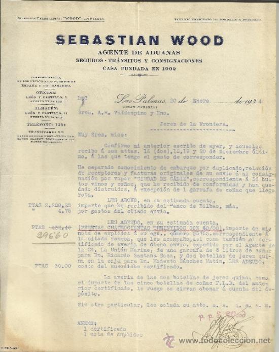Lettere commerciali: CARTA COMERCIAL DE SEBASTIAN WOOD. AGENTE DE ADUANAS. LAS PALMAS DE GRAN CANARIA. 1934