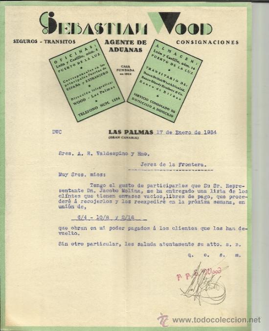 Lettere commerciali: CARTA COMERCIAL DE SEBASTIAN WOOD. AGENTE DE ADUANAS. LAS PALMAS DE GRAN CANARIA. 1934