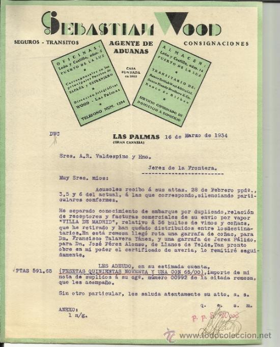 Lettere commerciali: CARTA COMERCIAL DE SEBASTIAN WOOD. AGENTE DE ADUANAS. LAS PALMAS DE GRAN CANARIA. 1934