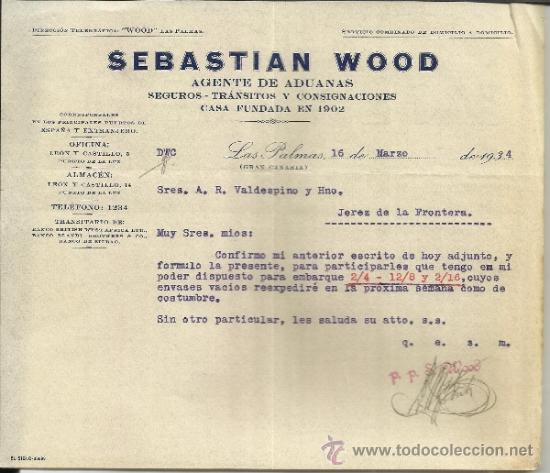 Lettere commerciali: CARTA COMERCIAL DE SEBASTIAN WOOD. AGENTE DE ADUANAS. LAS PALMAS DE GRAN CANARIA. 1934