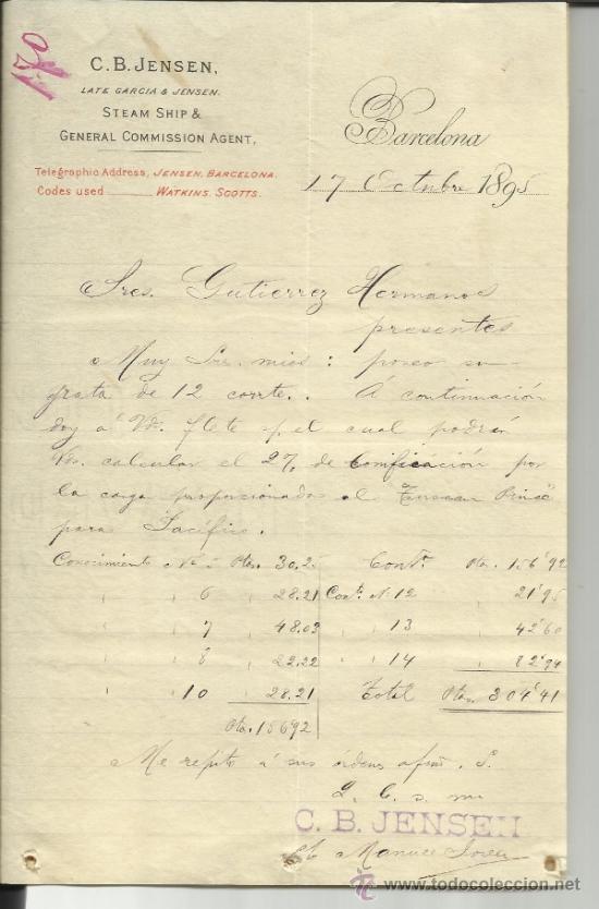 Lettere commerciali: CARTA COMERCIAL DE C.B. JENSEN. AGENTE COMISIONISTA. BARCOS DE VAPOR. BARCELONA. 1895