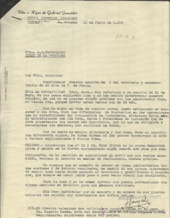 Lettere commerciali: CARTA COMERCIAL DE VIUDA E HIJOS DE GABRIEL GONZ&Aacute;LEZ. AGENTE COMERCIAL. SAN SEBASTI&Aacute;N. 1956