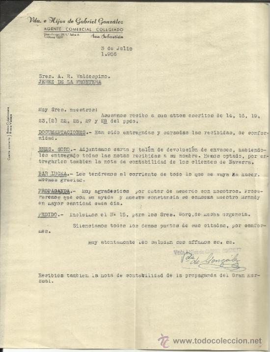 Lettere commerciali: CARTA COMERCIAL DE VIUDA E HIJOS DE GABRIEL GONZ&Aacute;LEZ. AGENTE COMERCIAL. SAN SEBASTI&Aacute;N. 1956