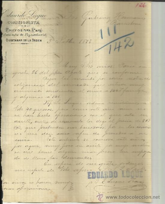 Lettere commerciali: CARTA COMERCIAL DE EDUARDO LUQUE. COMISIONISTA DE FRUTOS DEL PA&Iacute;S.QUINTANAR DE LA ORDEN.TOLEDO. 1893
