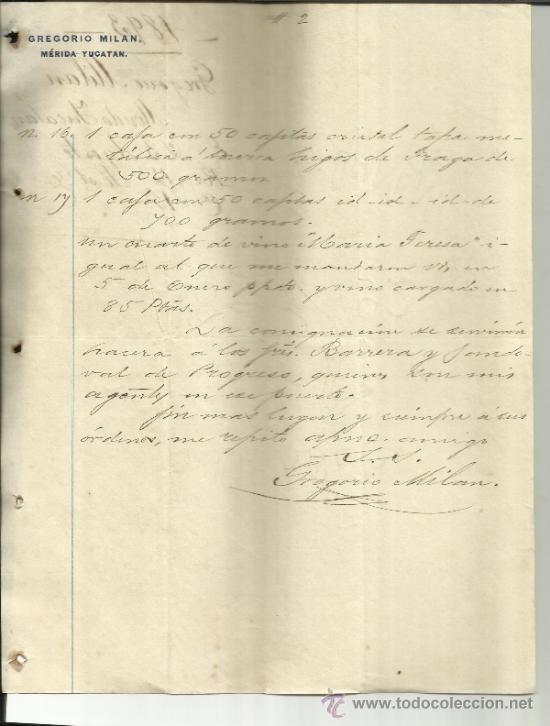 Lettere commerciali: CARTA COMERCIAL DE GREGORIO MILAN. M&Eacute;RIDA. YUCAT&Aacute;N. M&Eacute;XICO. 1893