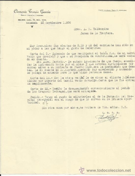 Lettere commerciali: CARTA COMERCIAL DE CLEMENTE TOM&Aacute;S GARC&Iacute;A. AGENTE COMERCIAL. SALAMANCA. 1956
