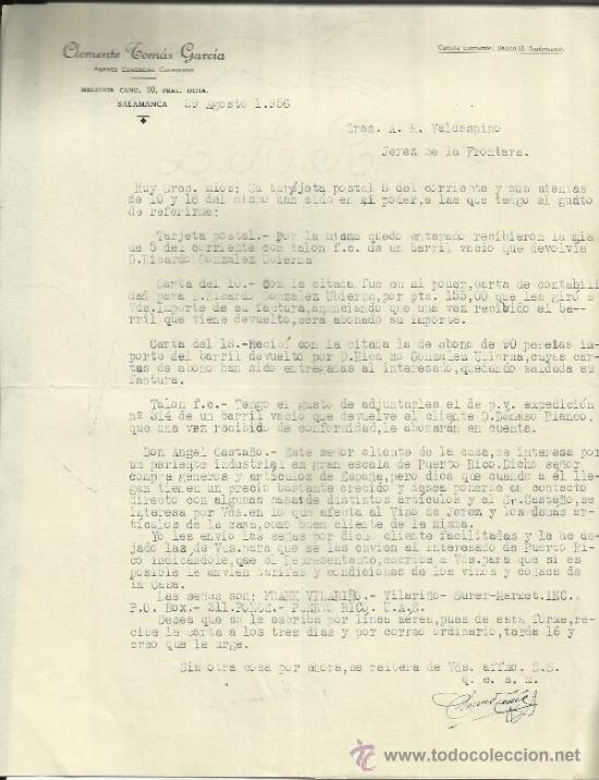 Lettere commerciali: CARTA COMERCIAL DE CLEMENTE TOM&Aacute;S GARC&Iacute;A. AGENTE COMERCIAL. SALAMANCA. 1956