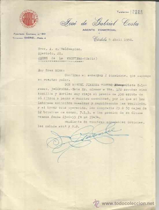 Lettere commerciali: CARTA COMERCIAL DE JOS&Eacute; DE GABRIEL COSTA. AGENTE COMERCIAL. C&Oacute;RDOBA. 1956