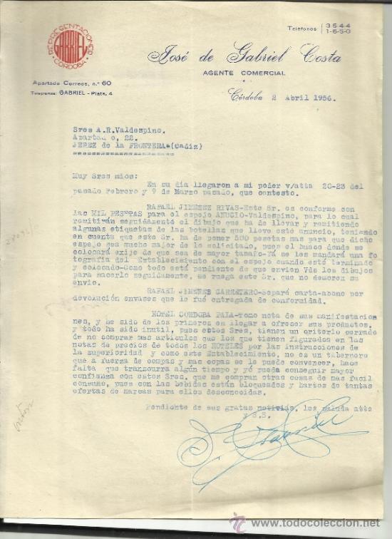 Lettere commerciali: CARTA COMERCIAL DE JOS&Eacute; DE GABRIEL COSTA. AGENTE COMERCIAL. C&Oacute;RDOBA. 1956