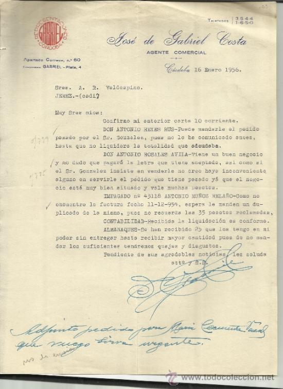 Lettere commerciali: CARTA COMERCIAL DE JOS&Eacute; DE GABRIEL COSTA. AGENTE COMERCIAL. C&Oacute;RDOBA. 1956