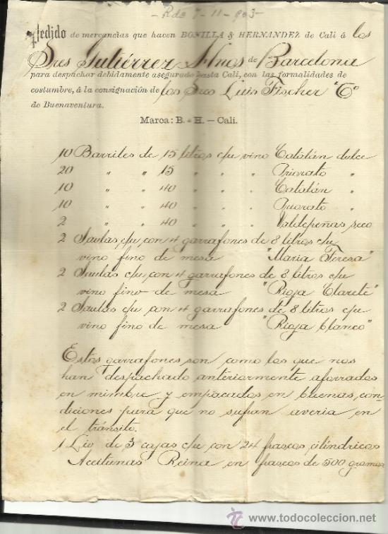 Lettere commerciali: CARTA COMERCIAL DE PEDIDO DE BONILLA & HERN&Aacute;NDEZ. CALI. COLOMBIA. 1903 ( 2 HOJAS)