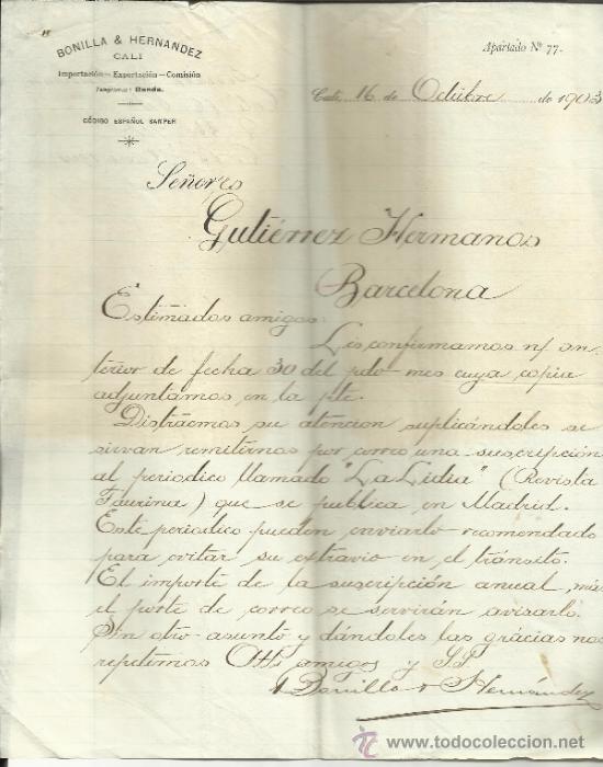 Lettere commerciali: CARTA COMERCIAL DE BONILLA & HERN&Aacute;NDEZ. CALI. COLOMBIA. 1903
