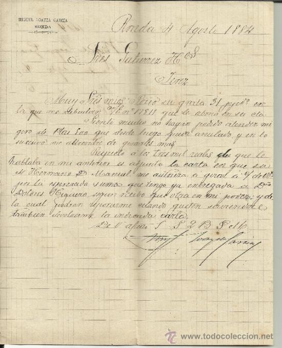 Lettere commerciali: CARTA COMERCIAL DE MIGUEL LOAYZA GARC&Iacute;A. RONDA. M&Aacute;LAGA. 1884