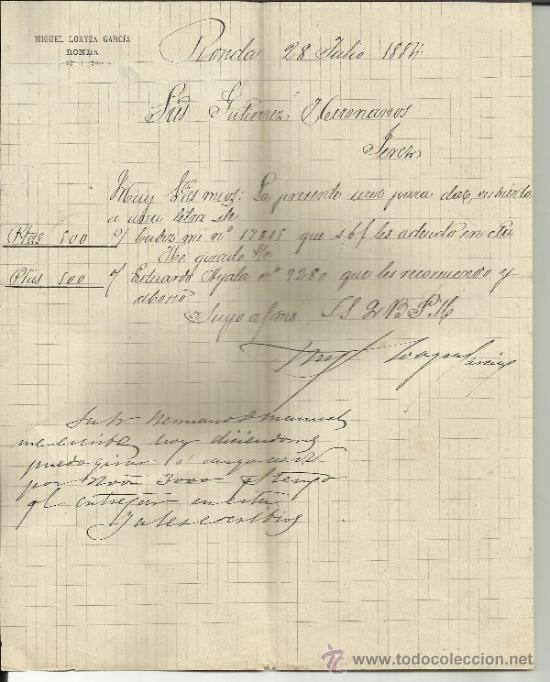 Lettere commerciali: CARTA COMERCIAL DE MIGUEL LOAYZA GARC&Iacute;A. RONDA. M&Aacute;LAGA. 1884