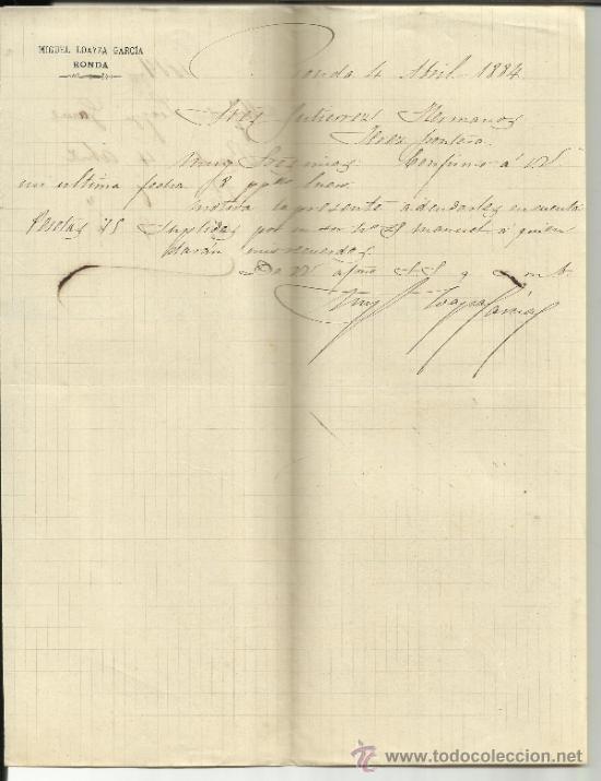 Lettere commerciali: CARTA COMERCIAL DE MIGUEL LOAYZA GARC&Iacute;A. RONDA. M&Aacute;LAGA. 1884