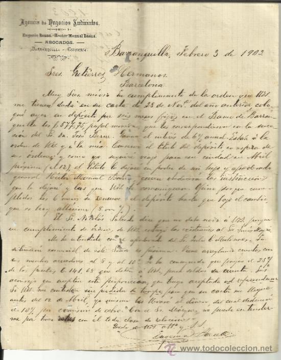 Lettere commerciali: CARTA DE EUGENIO BAENA Y HECTOR MANUEL BAENA. ABOGADOS. BARRANQUILLA. COLOMBIA. 1903