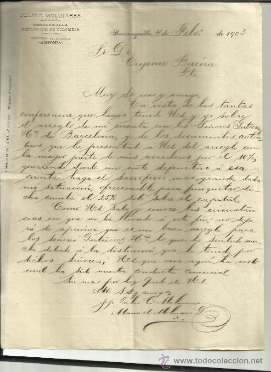 Lettere commerciali: CARTA COMERCIAL DE JULIO C. MOLINARES. BARRANQUILLA. COLOMBIA. 1903