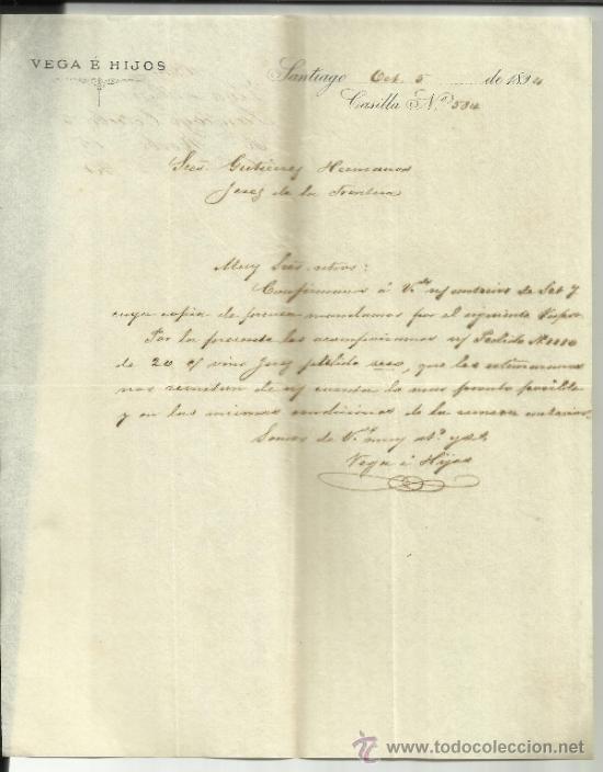 Lettere commerciali: CARTA COMERCIAL DE VEGA E HIJOS. SANTIAGO DE CHILE . CHILE. 1894