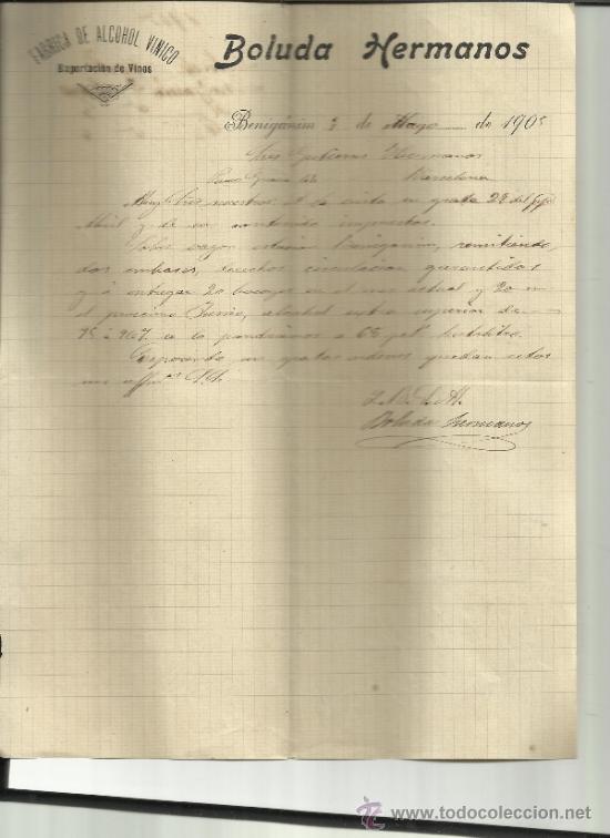 Lettere commerciali: CARTA COMERCIAL DE BOLUDA HERMANOS. F&Aacute;BRICA DE ALCOHOL VINICO. BENIG&Aacute;NIM. VALENCIA. 1905