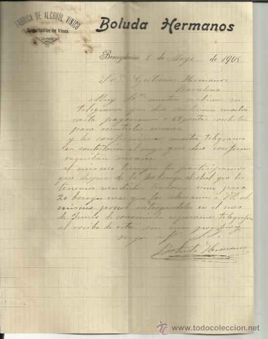 Lettere commerciali: CARTA COMERCIAL DE BOLUDA HERMANOS. F&Aacute;BRICA DE ALCOHOL VINICO. BENIG&Aacute;NIM. VALENCIA. 1905