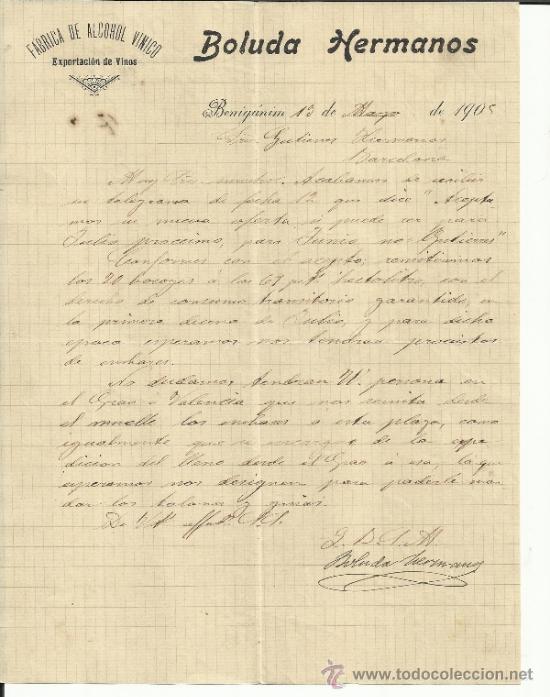 Lettere commerciali: CARTA COMERCIAL DE BOLUDA HERMANOS. F&Aacute;BRICA DE ALCOHOL VINICO. BENIG&Aacute;NIM. VALENCIA. 1905