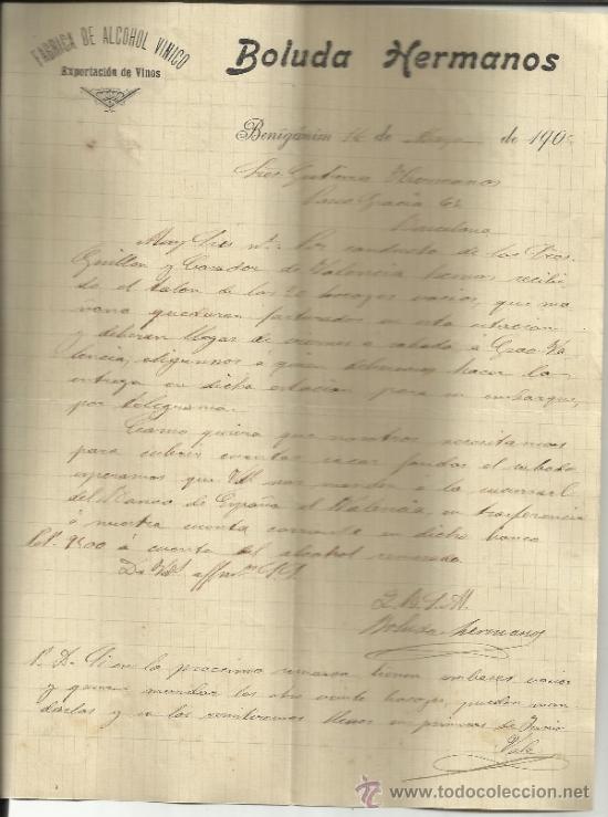 Lettere commerciali: CARTA COMERCIAL DE BOLUDA HERMANOS. F&Aacute;BRICA DE ALCOHOL VINICO. BENIG&Aacute;NIM. VALENCIA. 1905