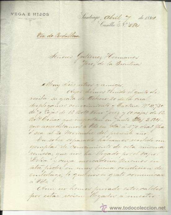 Lettere commerciali: CARTA COMERCIAL DE VEGA E HIJOS. SANTIAGO DE CHILE . CHILE. 1894 (3 HOJAS)