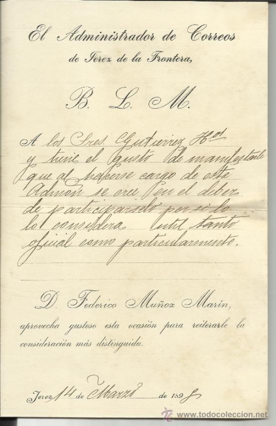 Lettere commerciali: CARTA DE FEDERICO MU&Ntilde;OZ MAR&Iacute;N (ADMINISTRADOR DE CORREOS) A GUTIERREZ HERMANOS. JEREZ. C&Aacute;DIZ. 1898