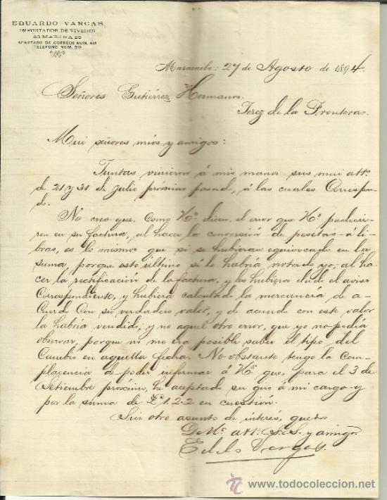 Lettere commerciali: CARTA COMERCIAL DE EDUARDO VARGAS. IMPORTADOR DE V&Iacute;VERES. MARACAIBO. VENEZUELA.1894