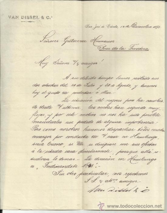 Lettere commerciali: CARTA COMERCIAL DE VAN DISSEN & C&ordf;. SAN JOS&Eacute; DE C&Uacute;CUTA. COLOMBIA. 1893