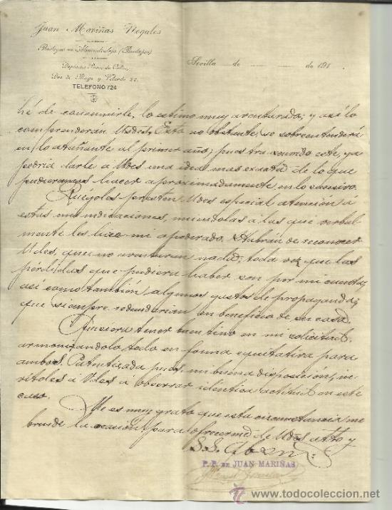 Commercial Letters: CARTA COMERCIAL DE JUAN MARI&Ntilde;AS NOGALES. BODEGAS EN ALMENDRALEJO ( BADAJOZ) SEVILLA. 1915