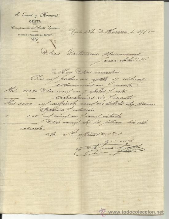 Commercial Letters: CARTA COMERCIAL DE A. CORIAT Y HERMANOS. CORRESPONSALES DEL CREDIT LYONNAIS. CEUTA. 1915