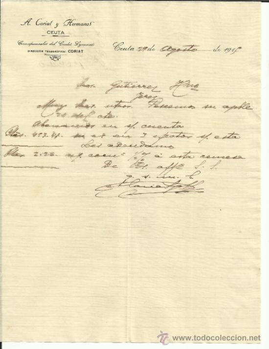 Commercial Letters: CARTA COMERCIAL DE A. CORIAT Y HERMANOS. CORRESPONSALES DEL CREDIT LYONNAIS. CEUTA. 1915
