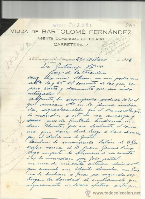 Commercial Letters: CARTA COMERCIAL DE VIUDA DE BARTOLOM&Eacute; FERN&Aacute;NDEZ. PE&Ntilde;ARROYA-PUEBLONUEVO.  C&Oacute;RDOBA. 1932