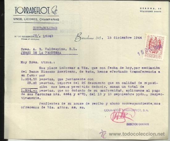 Lettere commerciali: CARTA COMERCIAL DE TORRADEFLOT S.A. VINOS Y LICORES. BARCELONA. 1944